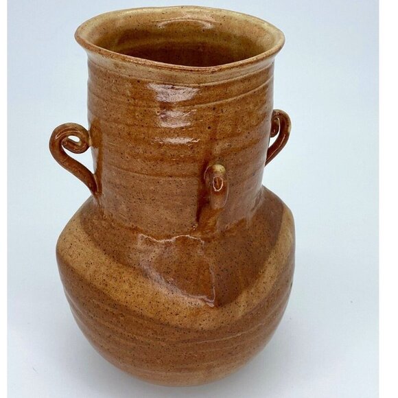 Handmade Art Pottery Vase Vintage 2001 Signed 4‎ Handled Milk Jug 9” Brown Tan - Picture 1 of 12